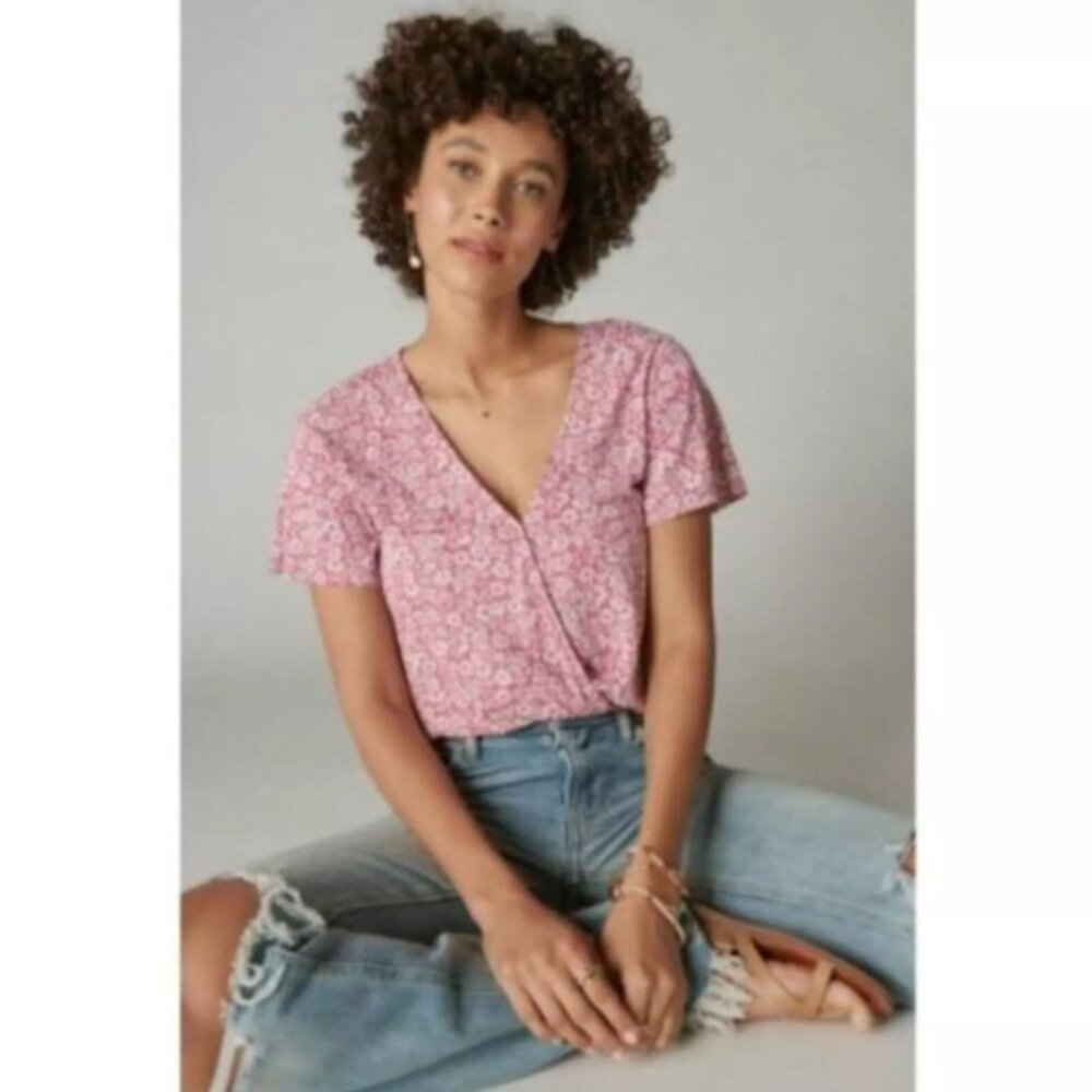 Lucky Brand Women's Wrap Rayon Printed Surplice Top Pink Multi Size Small NWT